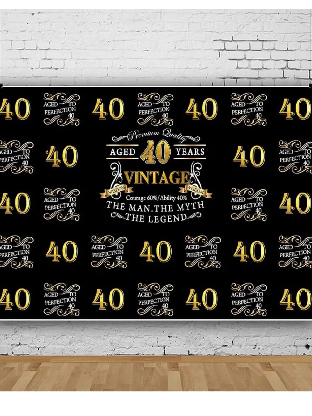 NWT - 40th Birthday Vinyl Black and Gold Party Backdrop - 7' x 5'